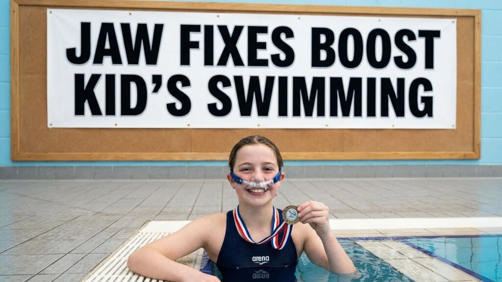 Left panel struggling kid: "Young swimmer looking tired and gasping in pool due to restricted breathing"
