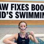 Left panel struggling kid: "Young swimmer looking tired and gasping in pool due to restricted breathing"