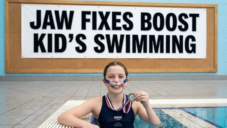 Left panel struggling kid: "Young swimmer looking tired and gasping in pool due to restricted breathing"