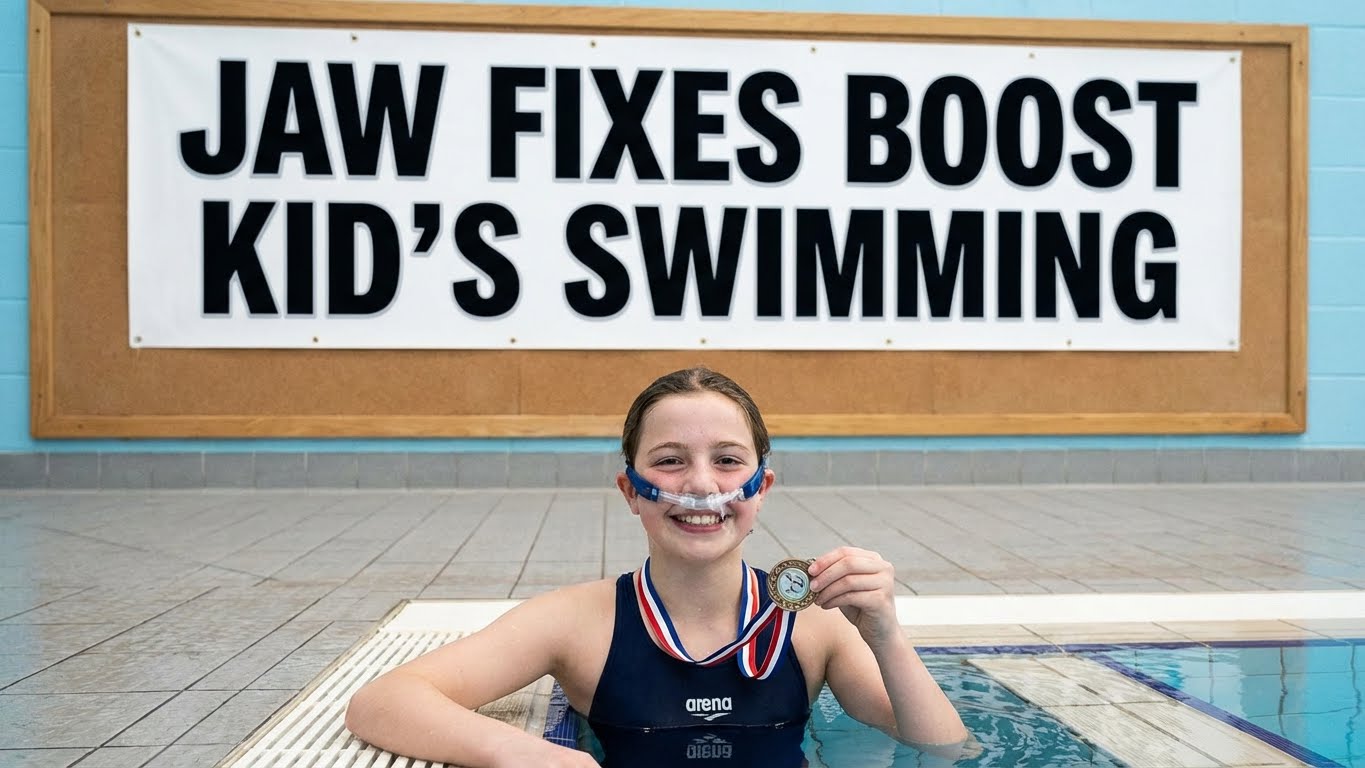 Left panel struggling kid: "Young swimmer looking tired and gasping in pool due to restricted breathing"