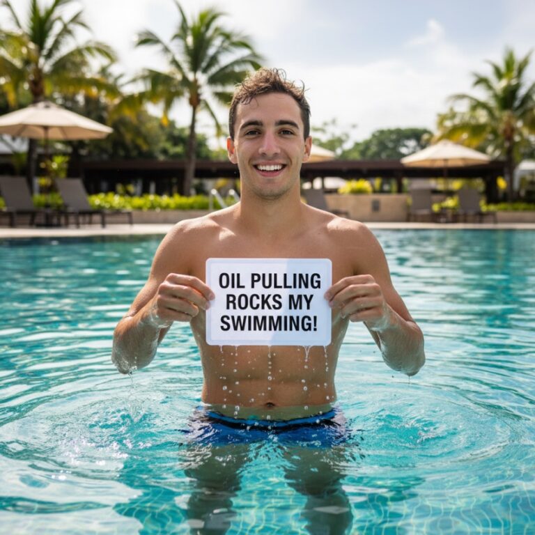 Young boy in swimming pool smiling proudly while holding up his swim level achievement card by the pool edge.