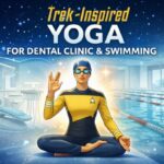 Trek-inspired yoga illustration showing a swimmer in meditative pose between a dental clinic and swimming pool, representing mindful movement for healthcare professionals and athletes.