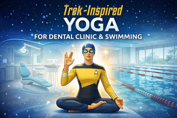 Trek-inspired yoga illustration showing a swimmer in meditative pose between a dental clinic and swimming pool, representing mindful movement for healthcare professionals and athletes.