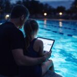 Split image merging dental enamel texture with a swimmer's motion blur, symbolizing the poem "The Blueprint of Flow" about a dentist father and his athlete daughter.