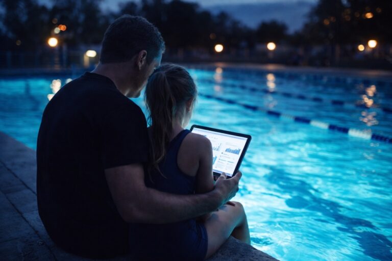 Split image merging dental enamel texture with a swimmer's motion blur, symbolizing the poem "The Blueprint of Flow" about a dentist father and his athlete daughter.