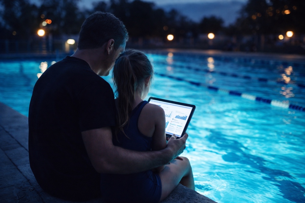 Split image merging dental enamel texture with a swimmer's motion blur, symbolizing the poem "The Blueprint of Flow" about a dentist father and his athlete daughter.