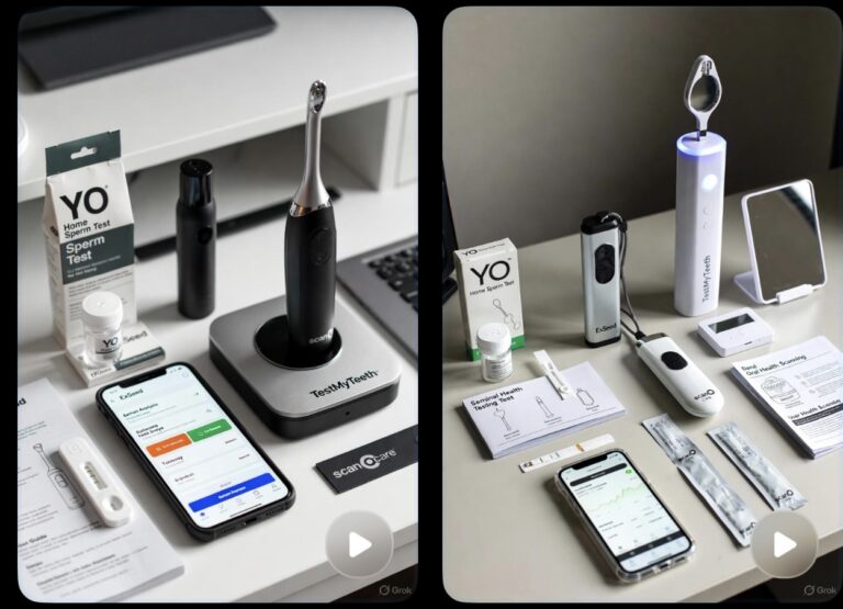 Split-view promotional image of at-home health testing devices: Left side shows TestMyTeeth and scanO oral scanners with a black handheld device on a dock, smartphone displaying app results, and YO Sperm Test kit elements; Right side features scanO white oral health scanner, phone with graph results, test strips, and instructional pamphlets on a clean desk setup."