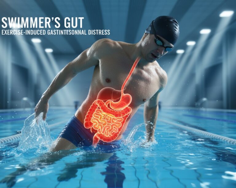 Swimmer in swimsuit sitting by poolside holding stomach due to bloating and cramps after swimming session