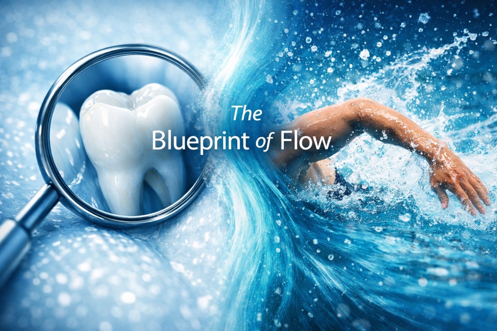 Abstract split-image: dental enamel texture merges with a swimmer's blurred arm in water, titled "The Blueprint of Flow."