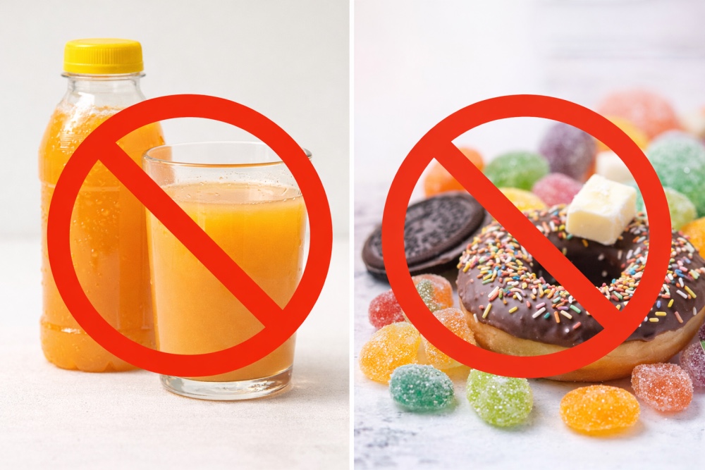 **Alt Text:**
Glass and bottle of fruit juice and assorted sugar-coated snacks like a chocolate donut and gummy candies, each marked with a bold red cross symbol indicating they are not recommended.
