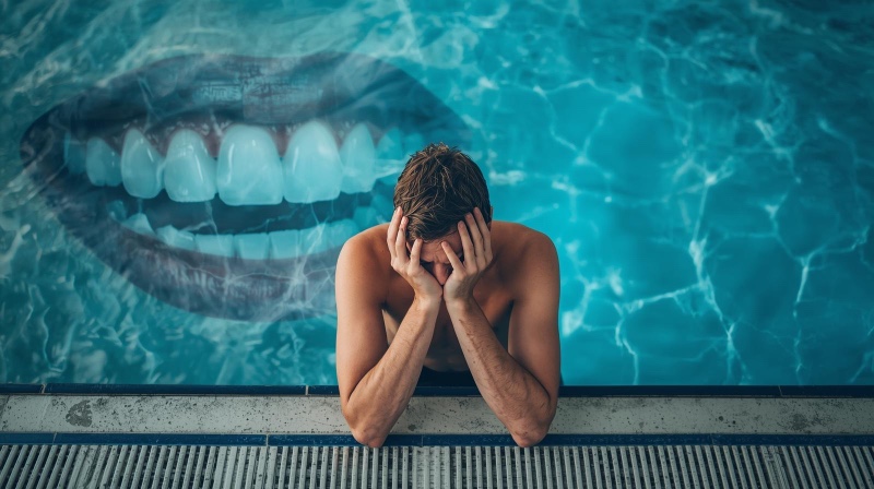 Tired swimmer sitting by the pool with a faint overlay of teeth in the background, showing how poor sleep impacts both oral health and swimming performance.