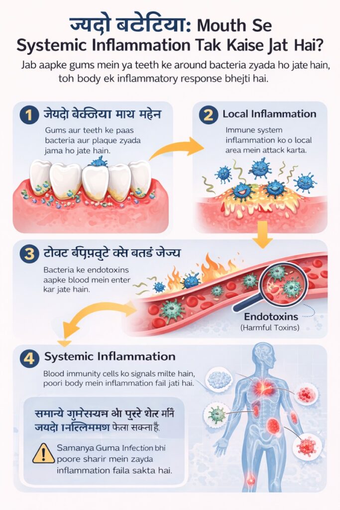 **Alt Text:**
Hindi infographic explaining how excess bacteria in gums trigger local inflammation, release endotoxins into the bloodstream, and lead to systemic inflammation throughout the body, illustrated with teeth, bacteria, blood vessels, and a human body diagram.
