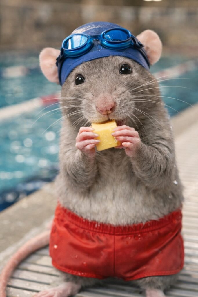 **Alt Text:**
Cute rat wearing red swim trunks, a blue swim cap, and goggles, standing by a swimming pool while holding and eating a cube of cheese.
