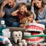 “Family experiencing stress with dental care symbols in the foreground representing oral health impact”