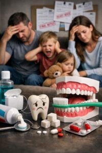 “Family experiencing stress with dental care symbols in the foreground representing oral health impact”