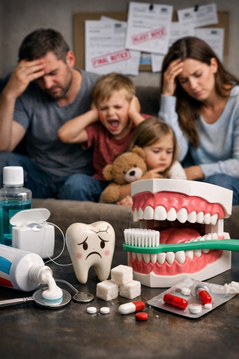 “Family experiencing stress with dental care symbols in the foreground representing oral health impact”