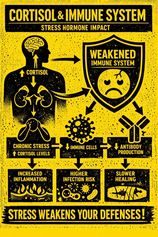 “Illustration showing cortisol hormone impact on the immune system, highlighting stress-related immune imbalance”