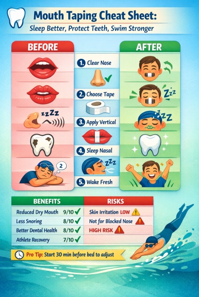 “Mouth taping cheat sheet infographic showing mouth breathing vs nasal breathing, steps to apply tape, dental and sleep benefits, risks, and swimmer recovery tips.”