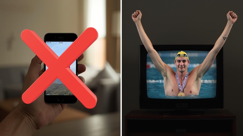 Yeh scenario ke liye alt text aise rakh:

`Illustration showing a red crossed-out mobile phone on one side and a happy swimmer holding medals on the other, symbolizing how avoiding late-night screen time supports better sleep and peak swimming performance.`