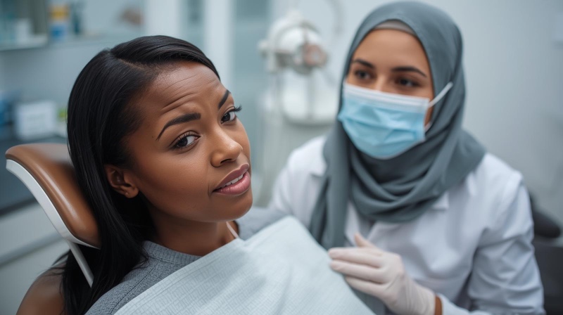 Sleep-deprived patient sitting tired in a dental chair while the dentist prepares for treatment, highlighting how lack of rest can affect comfort and oral health during visits.