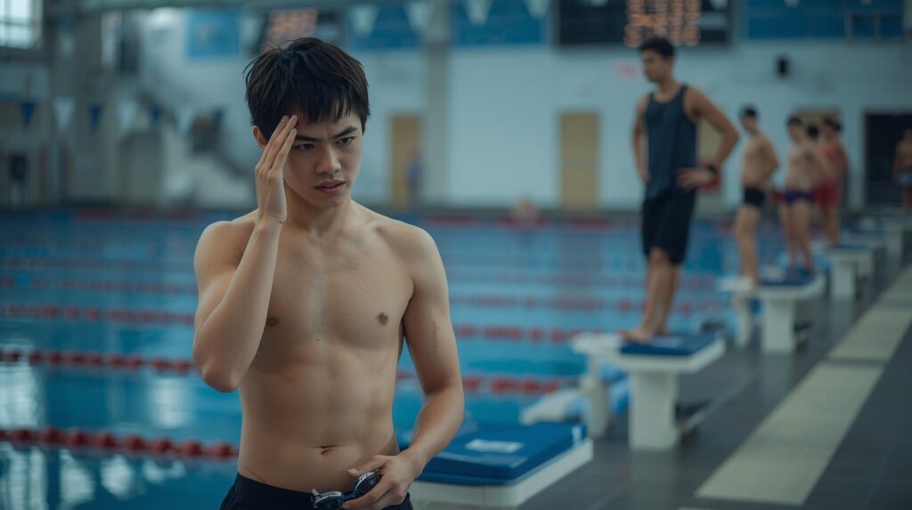 Exhausted young swimmer standing slouched on the starting block with dark circles under his eyes while other swimmers look ready to race, showing how poor sleep hurts performance.