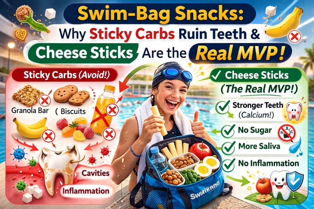 Colorful infographic-style image showing a swim bag with healthy snacks like cheese sticks marked with a green check, alongside fruit juice and sticky sugary snacks marked with a red cross, highlighting tooth-friendly versus cavity-causing choices for swimmers.