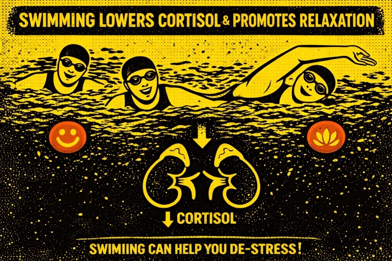 **Alt Text:**
**“Swimming activity helping lower cortisol levels and promote relaxation through physical movement”**
