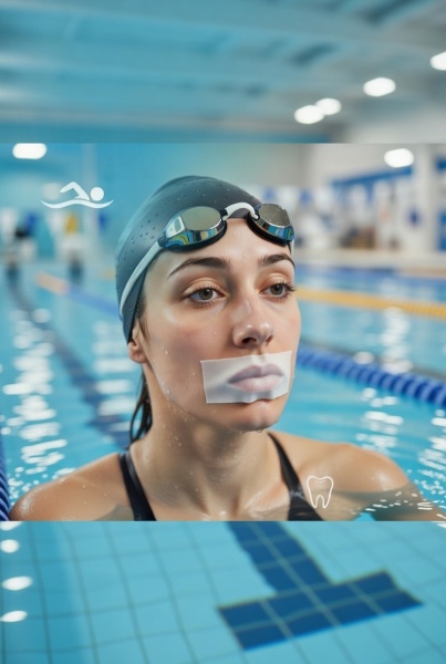 **“Swimmer with small vertical mouth tape at poolside, promoting nasal breathing to protect teeth and reduce dry mouth.”**
