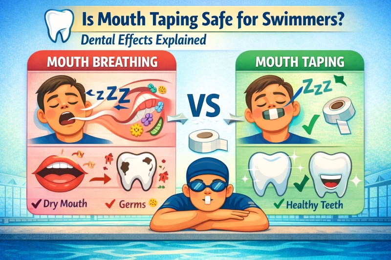 Mouth taping vs mouth breathing comparison showing swimmer using mouth tape for nasal breathing and healthier teeth.