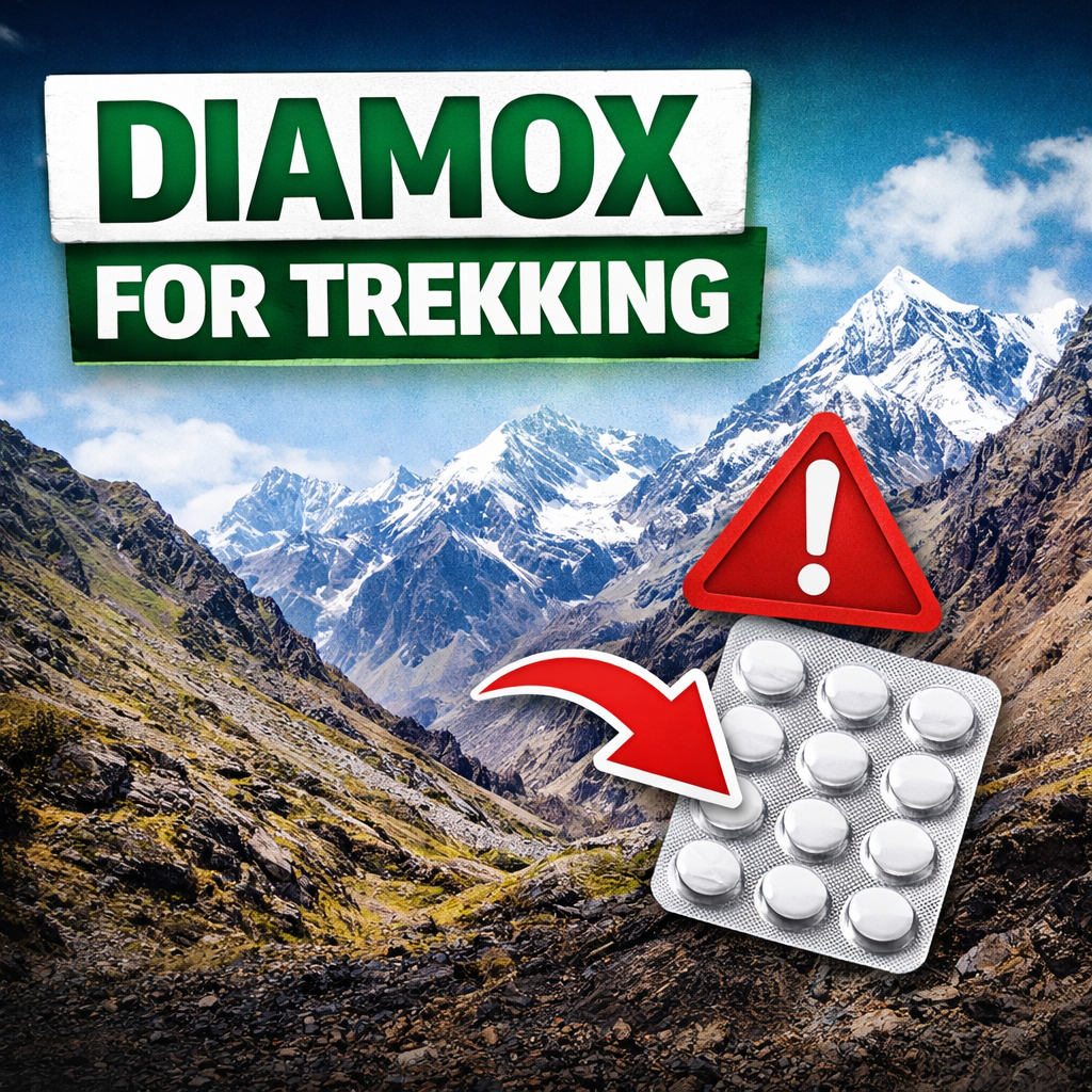 “Diamox for trekking illustration with mountain background, warning sign and acetazolamide tablets for altitude sickness prevention”