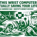 Green and white illustration of a smartwatch monitoring health, swimmer in action, and dentist reviewing tools with ECG heartbeat line concept