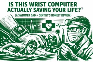 Green and white illustration of a smartwatch monitoring health, swimmer in action, and dentist reviewing tools with ECG heartbeat line concept
