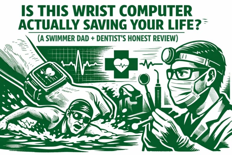 Green and white illustration of a smartwatch monitoring health, swimmer in action, and dentist reviewing tools with ECG heartbeat line concept
