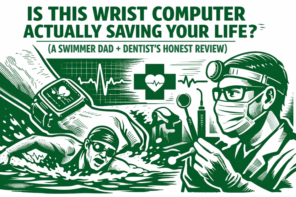 Green and white illustration of a smartwatch monitoring health, swimmer in action, and dentist reviewing tools with ECG heartbeat line concept
