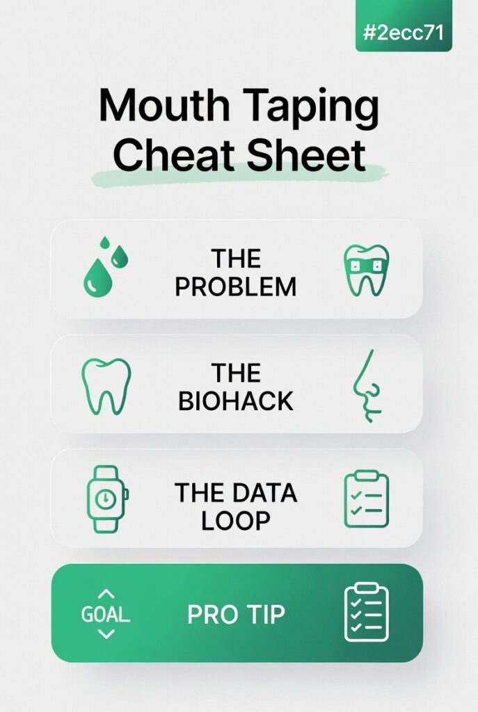 "Minimalist green and white infographic cheat sheet: Mouth Taping for better sleep and oral health. Covers problems of mouth breathing, benefits of nose breathing, tracking tips, and pro advice."