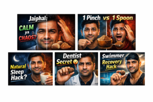 Jaiphal effect showing calm vs chaos expression split face with nutmeg spice ✅ Title
