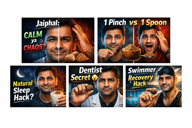Jaiphal effect showing calm vs chaos expression split face with nutmeg spice ✅ Title