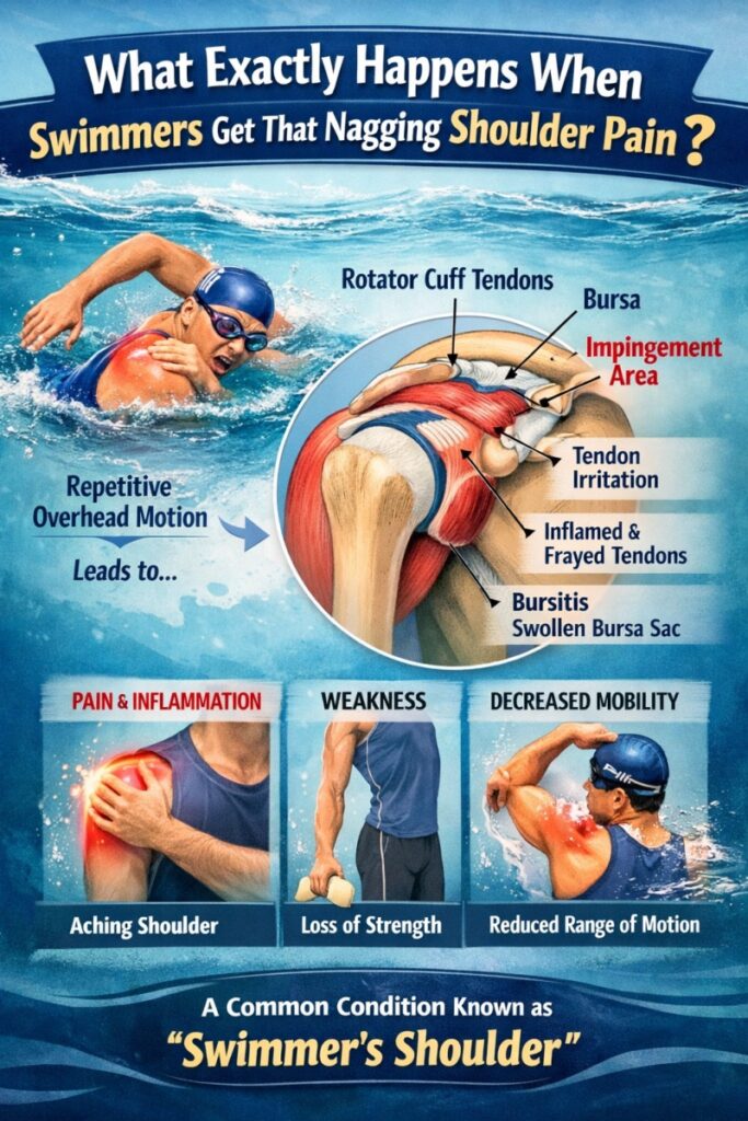 **Alt Text:**
Infographic showing a swimmer experiencing shoulder pain, explaining “Swimmer’s Shoulder.” It illustrates how repetitive overhead swimming motions irritate the **rotator cuff tendons** and **bursa**, leading to **impingement**, **tendon inflammation**, and **bursitis**. The bottom panels show symptoms: **aching shoulder pain**, **loss of strength**, and **reduced range of motion** in swimmers. 🏊‍♂️💪
